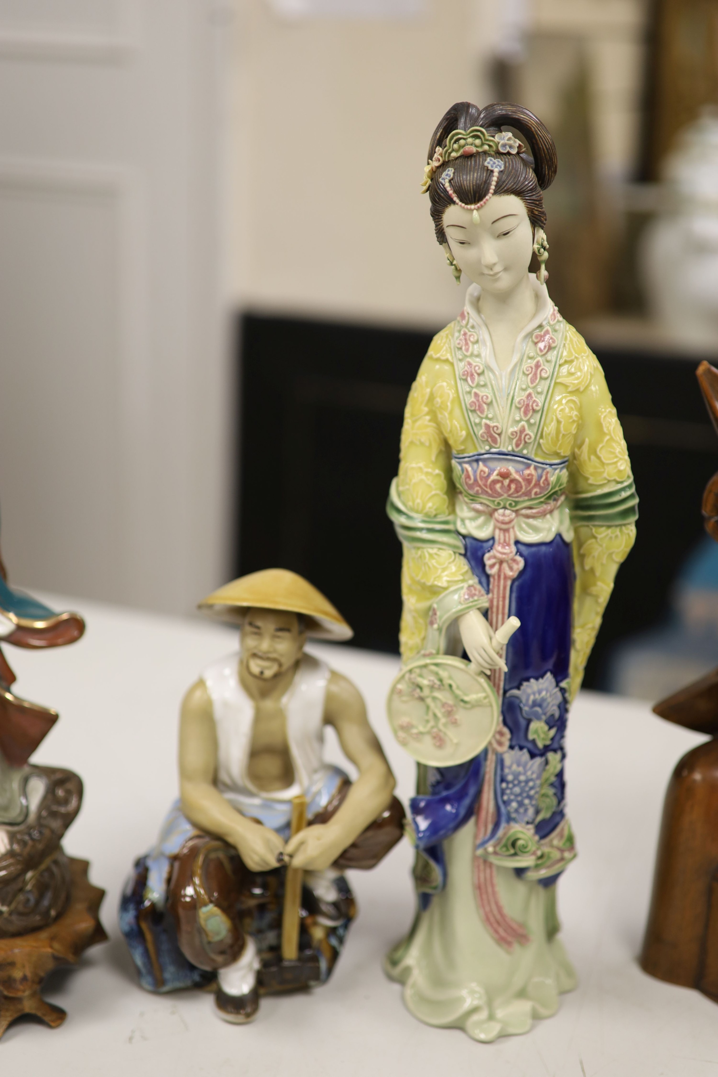 A 20th century Chinese glazed stoneware figure and sundry items, tallest 38cm